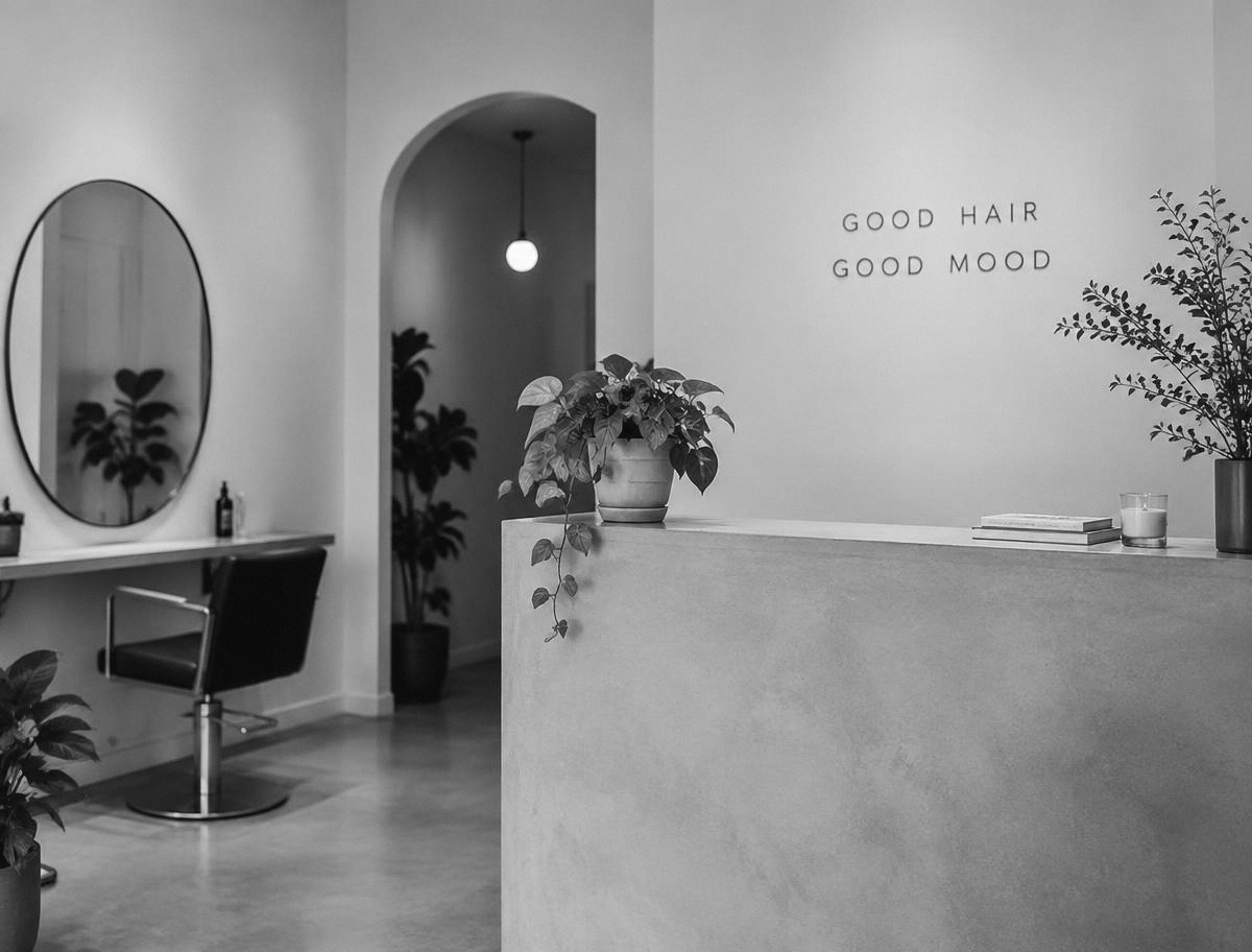 Onthaal van kapsalon Elle Coiffure met spiegel en planten